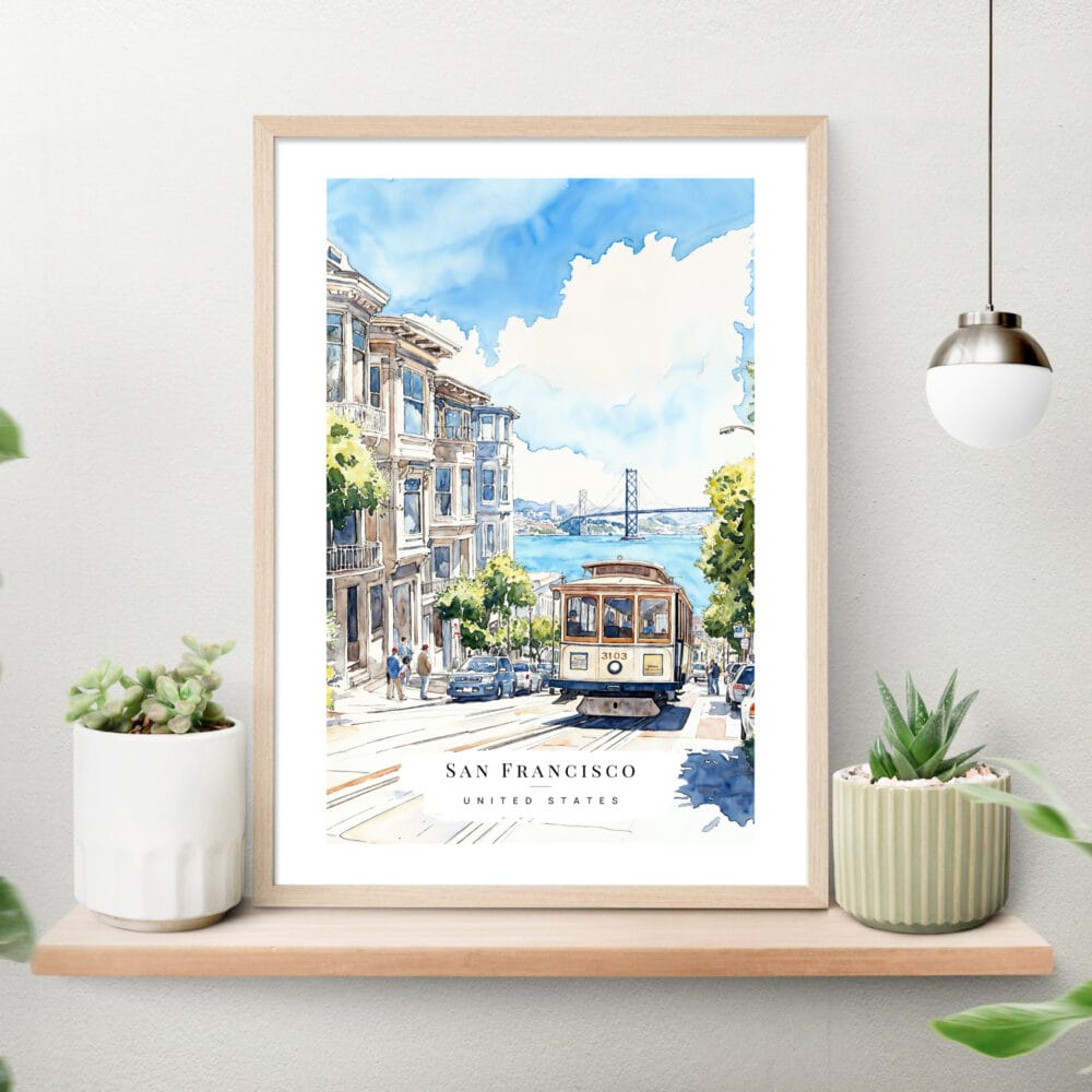 San Francisco Tram Watercolor Art Print on shelf San Francisco Tram Watercolor Art Print on shelf
