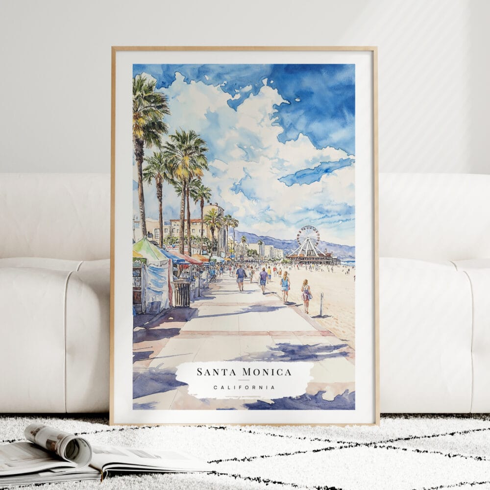 Santa Monica Watercolor Art Print - Wood Frame standing on Floor Santa Monica Watercolor Art Print - Wood Frame standing on Floor