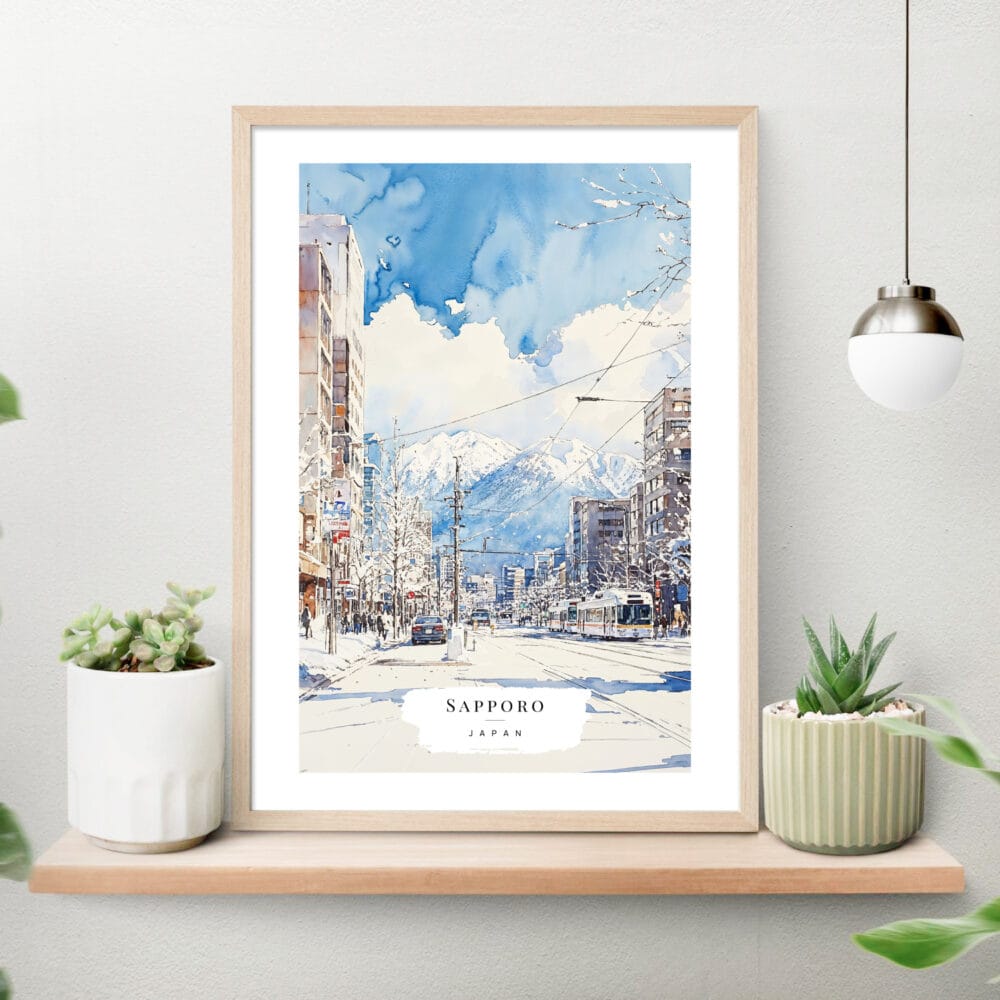 Sapporo Japan Watercolor Art Print on shelf Sapporo Japan Watercolor Art Print on shelf