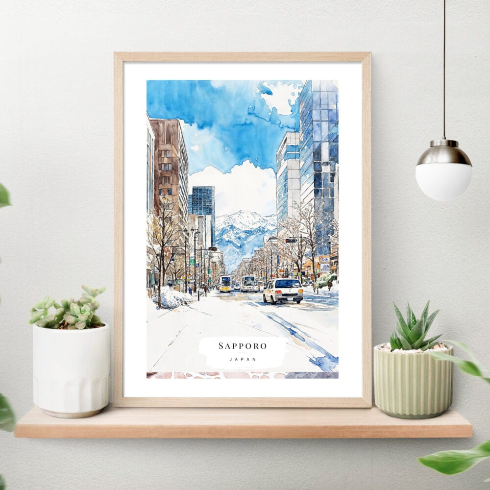 Sapporo Watercolor Art Print on shelf Sapporo Watercolor Art Print on shelf