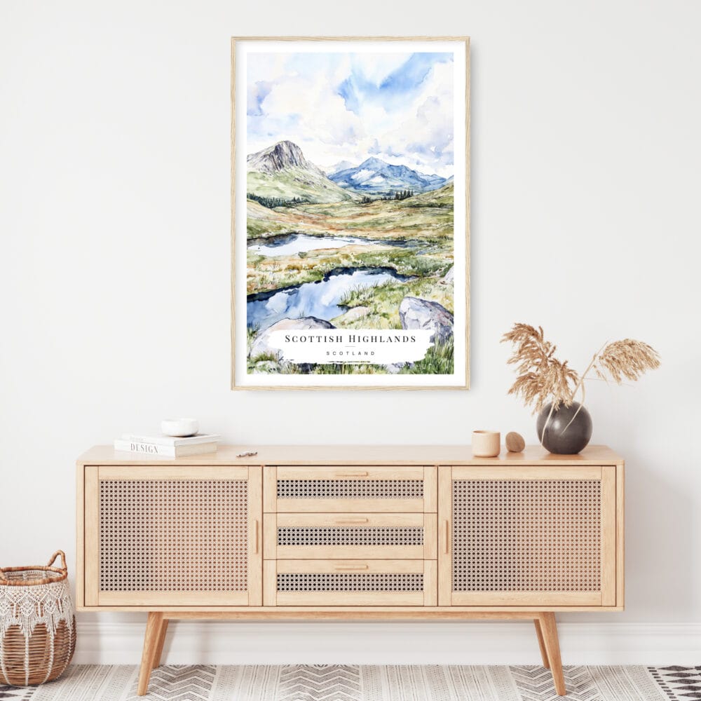 Scottish Highlands Watercolor Art Print - Shelf - Portrait Scottish Highlands Watercolor Art Print - Shelf - Portrait