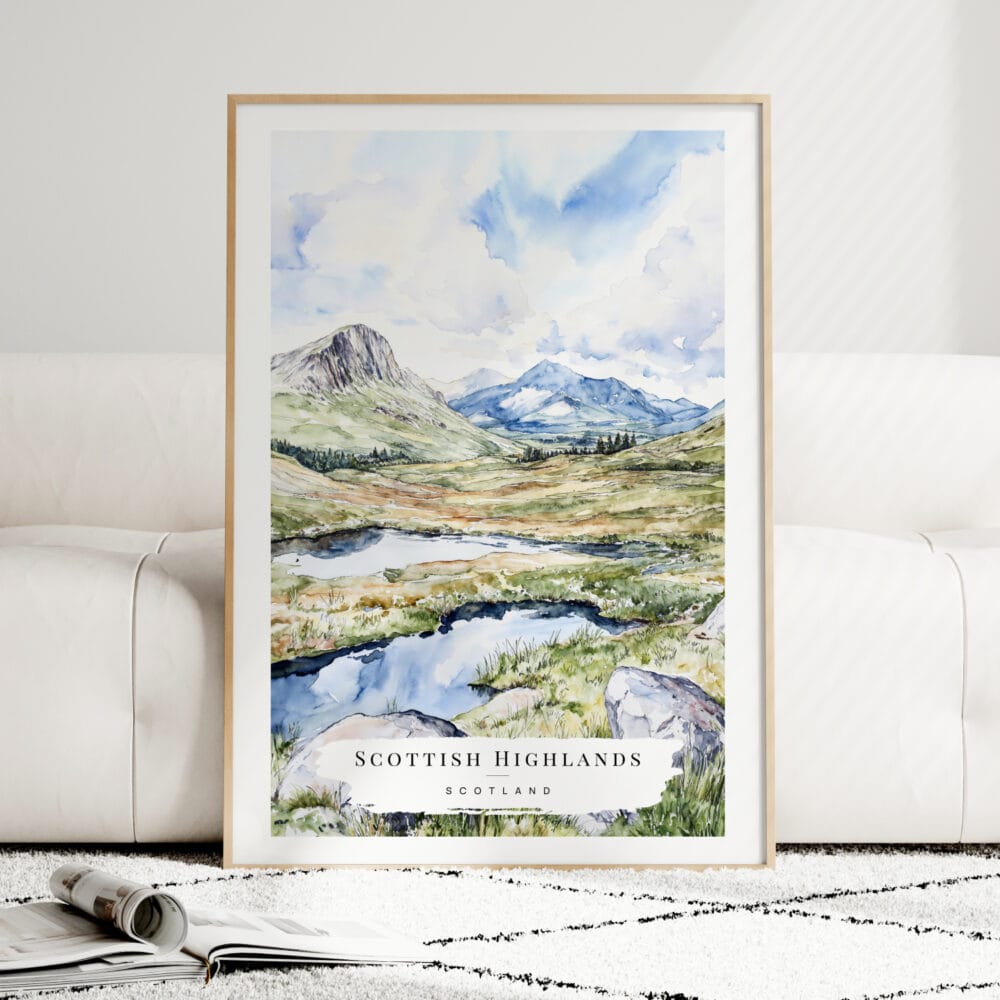 Scottish Highlands Watercolor Art Print - Wood Frame standing on Floor Scottish Highlands Watercolor Art Print - Wood Frame standing on Floor