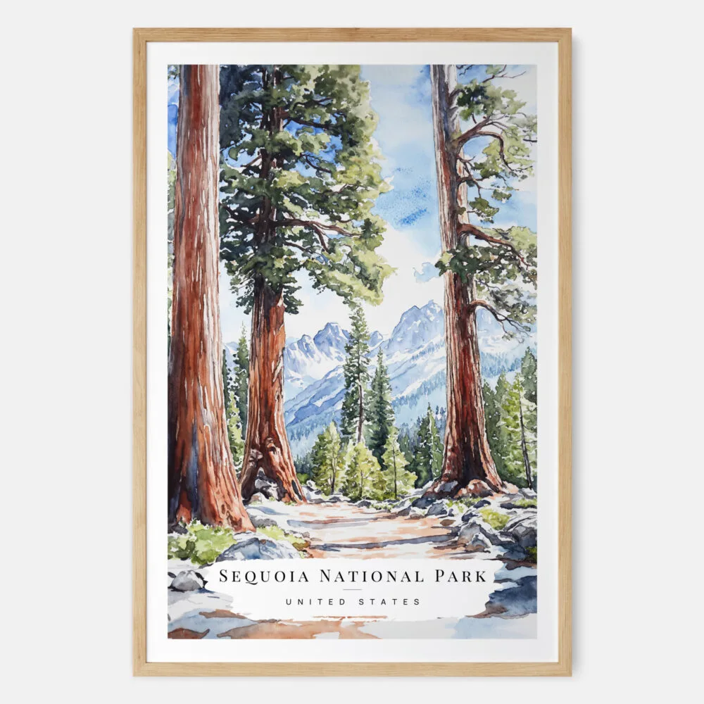 Sequoia California Watercolor Art Print - Main - Wood Frame Sequoia California Watercolor Art Print - Main - Wood Frame