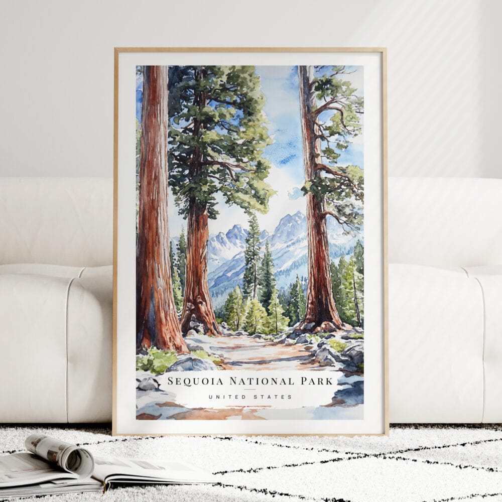 Sequoia California Watercolor Art Print - Wood Frame standing on Floor Sequoia California Watercolor Art Print - Wood Frame standing on Floor