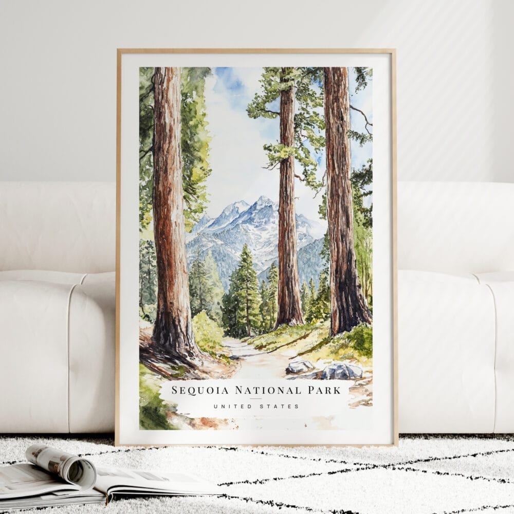 Sequoia National Park Watercolor Art Print - Wood Frame standing on Floor Sequoia National Park Watercolor Art Print - Wood Frame standing on Floor