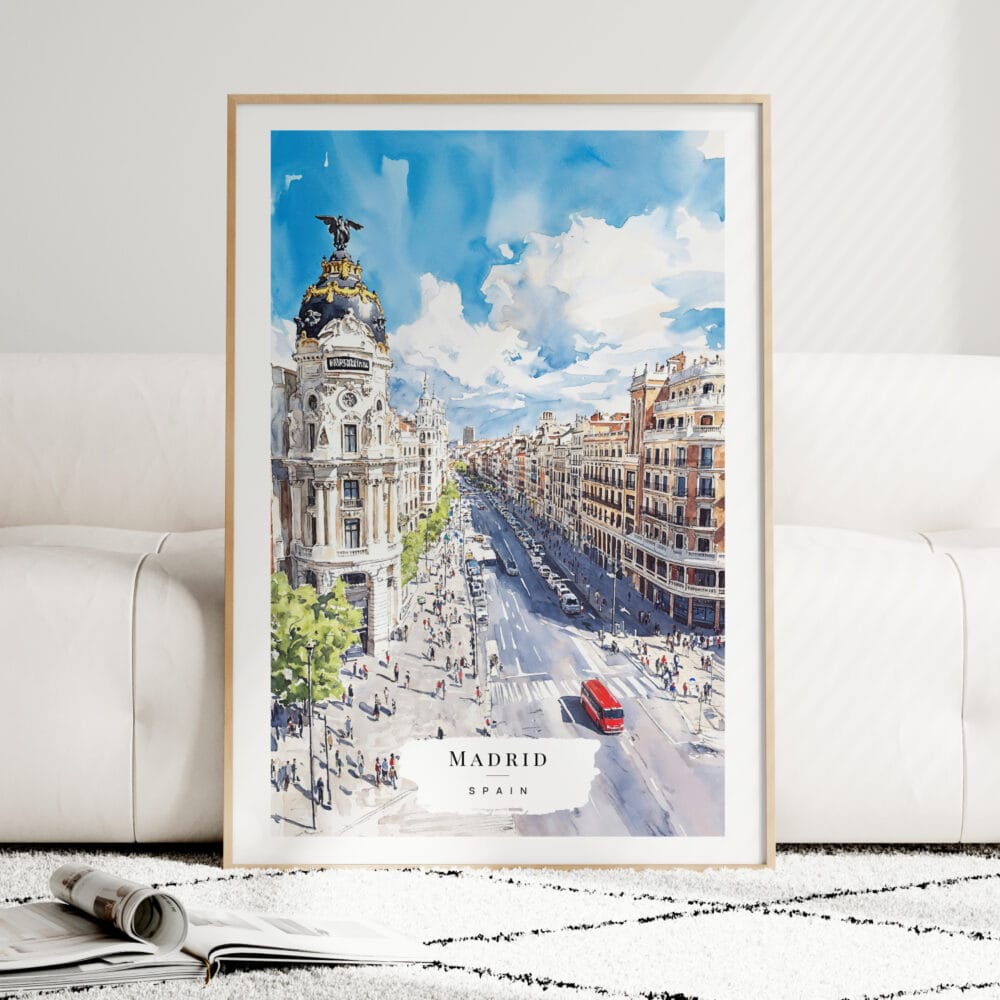 Spain Madrid Watercolor Art Print - Wood Frame standing on Floor Spain Madrid Watercolor Art Print - Wood Frame standing on Floor