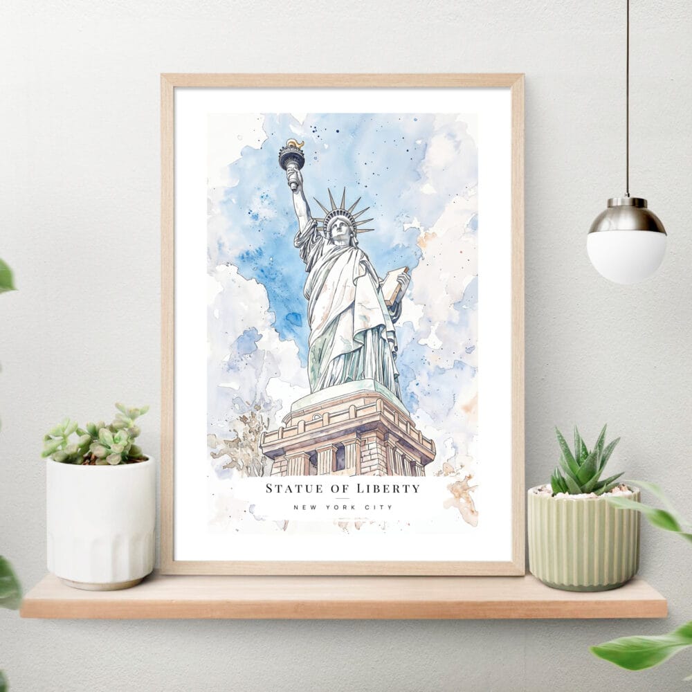 Statue of Liberty Watercolor Art Print on shelf Statue of Liberty Watercolor Art Print on shelf