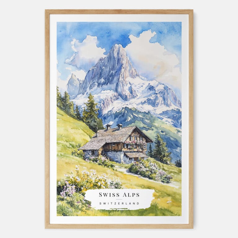 Swiss Alps Watercolor Art Print - Main - Wood Frame