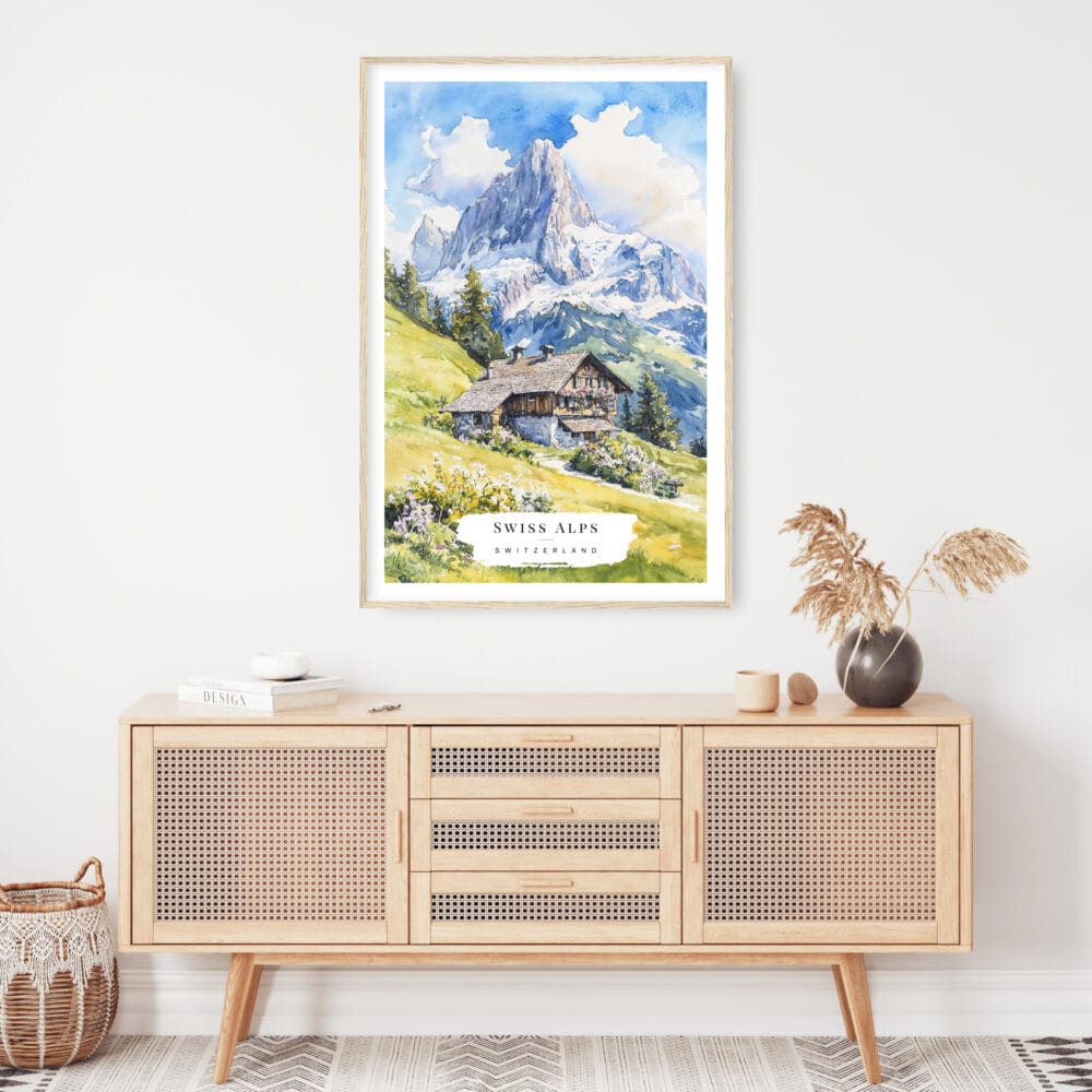Swiss Alps Watercolor Art Print - Shelf - Portrait Swiss Alps Watercolor Art Print - Shelf - Portrait