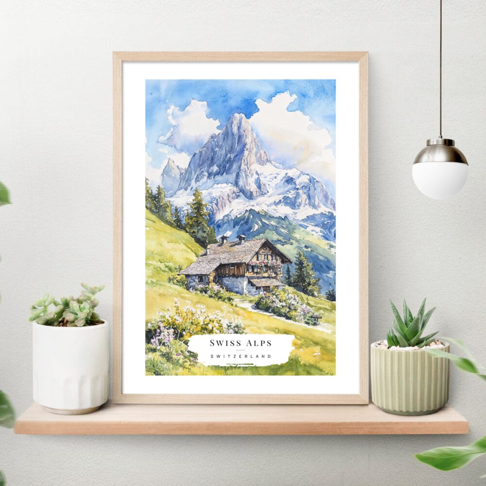 Swiss Alps Watercolor Art Print on shelf Swiss Alps Watercolor Art Print on shelf