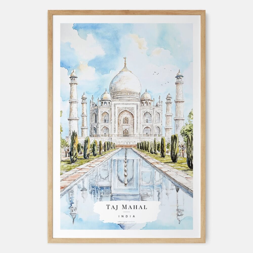 Taj Mahal India Watercolor Art Print - Main - Wood Frame