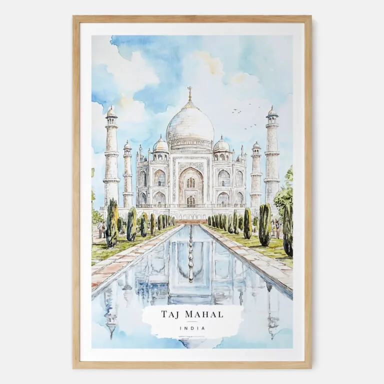 Taj Mahal India Watercolor Art Print - Main - Wood Frame