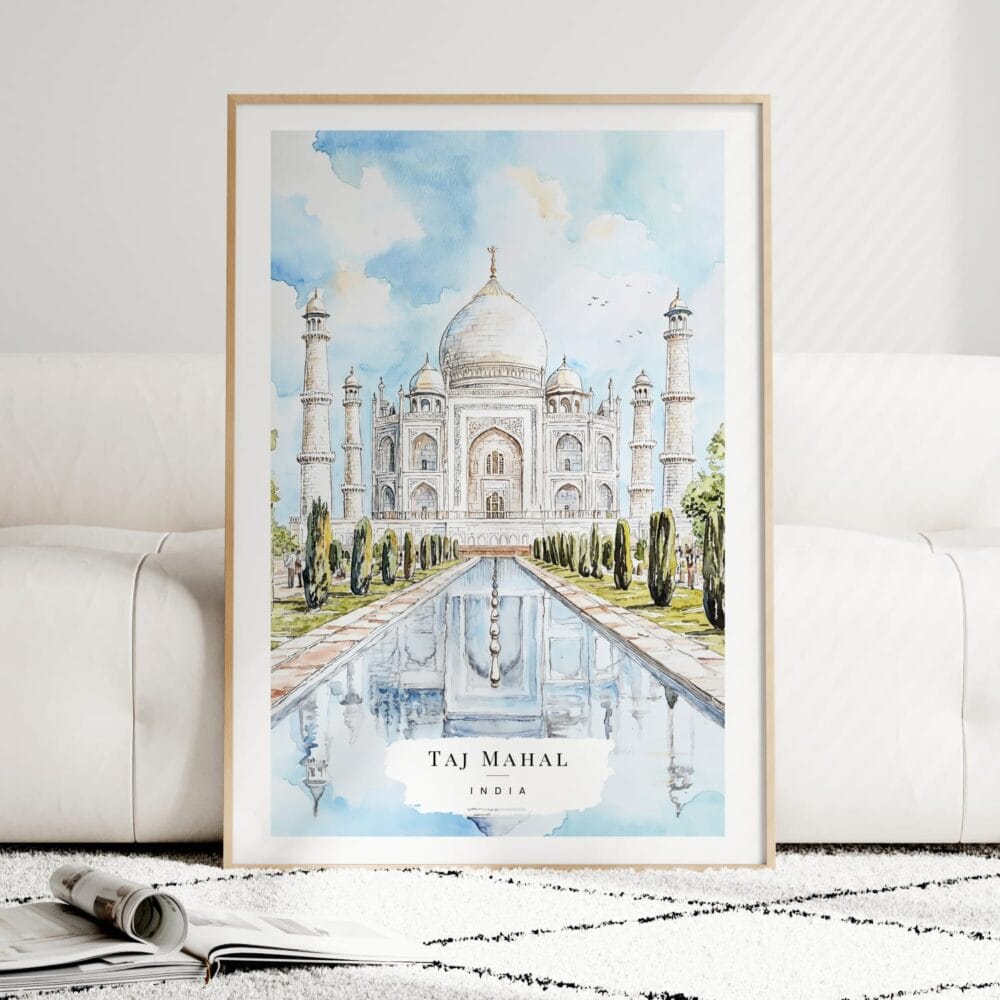 Taj Mahal India Watercolor Art Print - Wood Frame standing on Floor Taj Mahal India Watercolor Art Print - Wood Frame standing on Floor