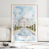 Taj Mahal India Watercolor Art Print - Wood Frame standing on Floor