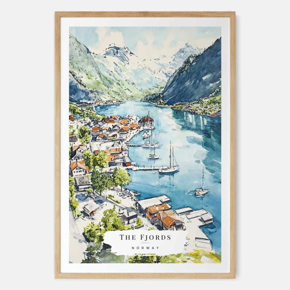 The Fjords Watercolor Art Print - Main - Wood Frame
