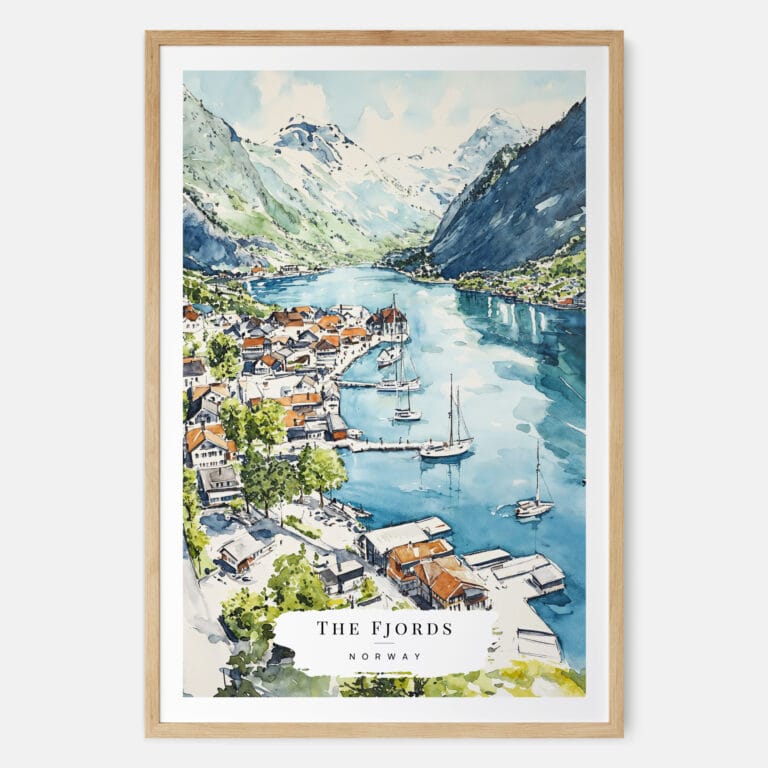 The Fjords Watercolor Art Print - Main - Wood Frame