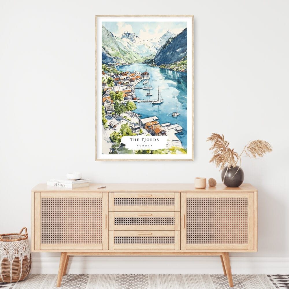 The Fjords Watercolor Art Print - Shelf - Portrait The Fjords Watercolor Art Print - Shelf - Portrait
