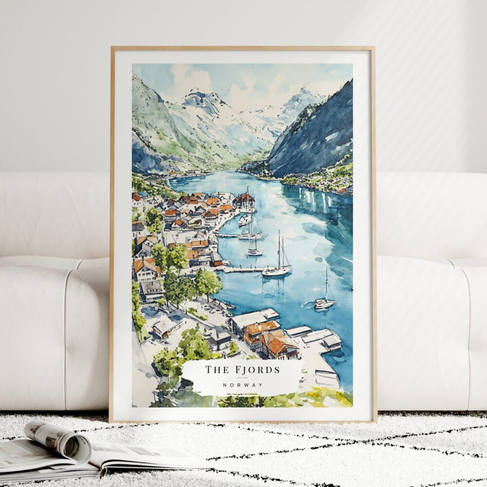 The Fjords Watercolor Art Print - Wood Frame standing on Floor The Fjords Watercolor Art Print - Wood Frame standing on Floor