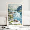 The Fjords Watercolor Art Print - Wood Frame standing on Floor