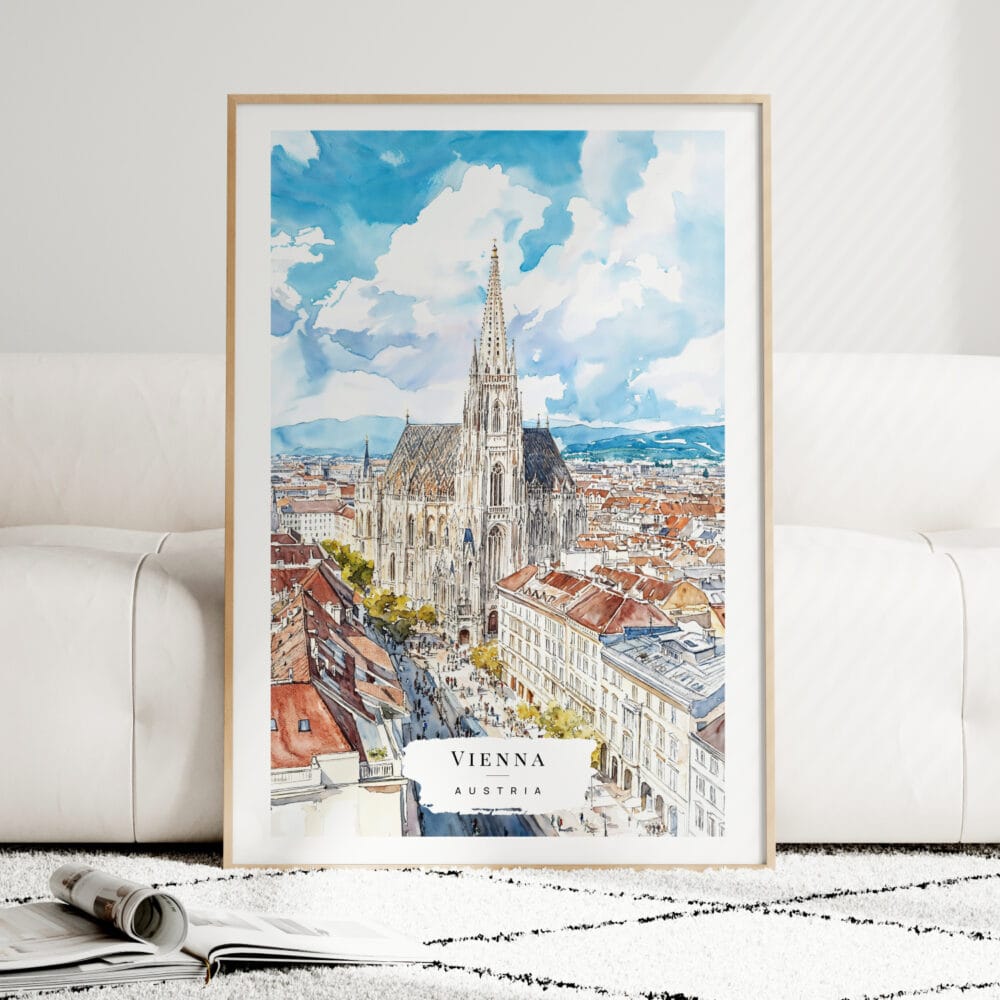 Vienna Watercolor Art Print - Wood Frame standing on Floor Vienna Watercolor Art Print - Wood Frame standing on Floor