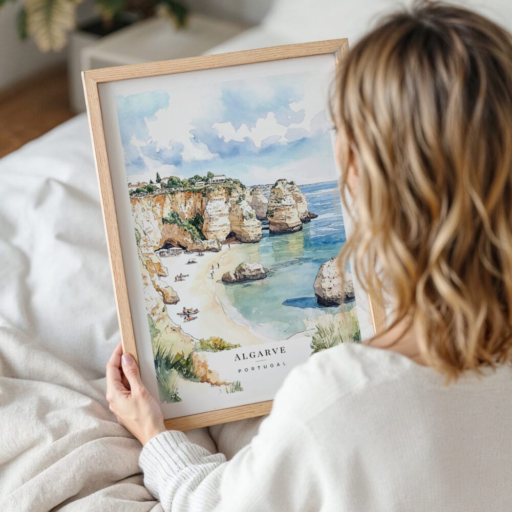 Woman Holding Framed Algarve Beach Watercolor Wall Art - Portrait Woman Holding Framed Algarve Beach Watercolor Wall Art - Portrait