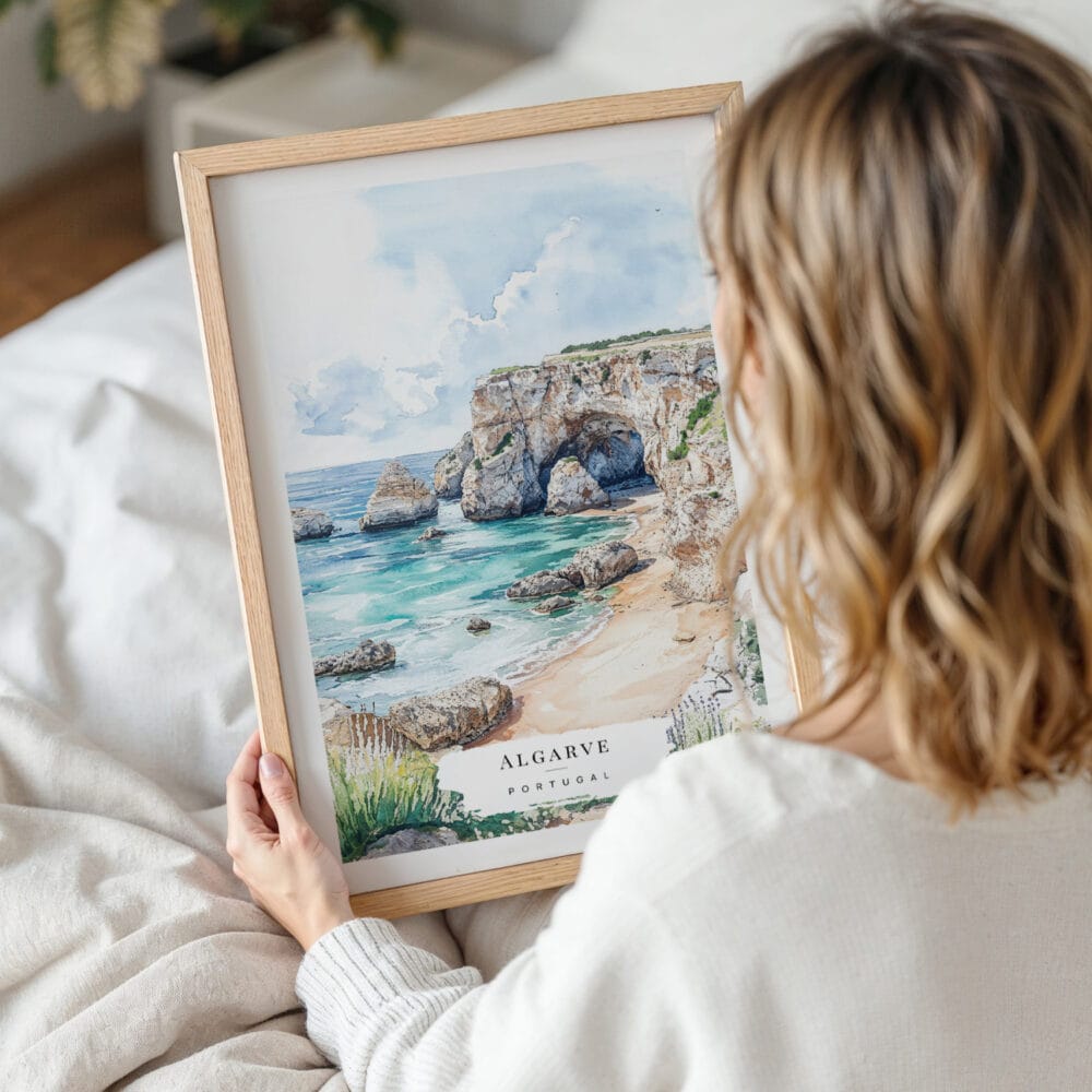 Woman Holding Framed Algarve Portugal Watercolor Wall Art - Portrait Woman Holding Framed Algarve Portugal Watercolor Wall Art - Portrait