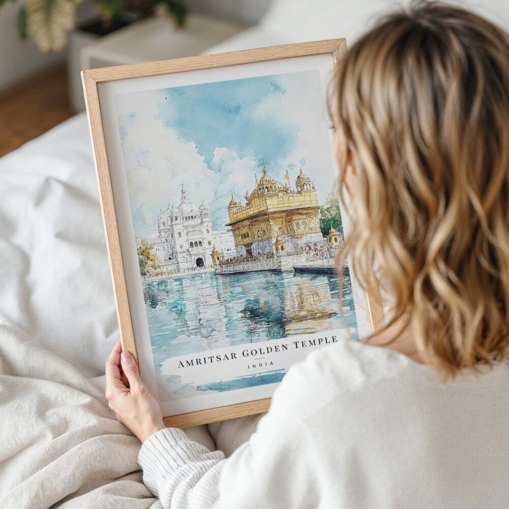 Woman Holding Framed Amritsar Golden Temple Watercolor Wall Art - Portrait Woman Holding Framed Amritsar Golden Temple Watercolor Wall Art - Portrait