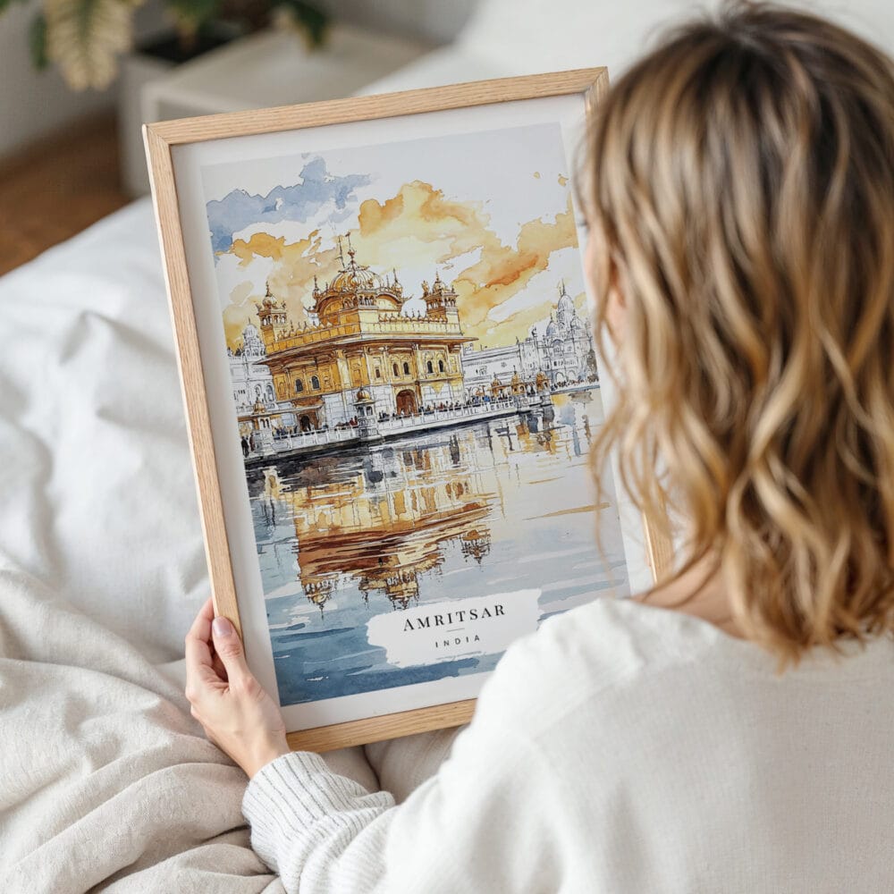 Woman Holding Framed Amritsar India Watercolor Wall Art - Portrait Woman Holding Framed Amritsar India Watercolor Wall Art - Portrait