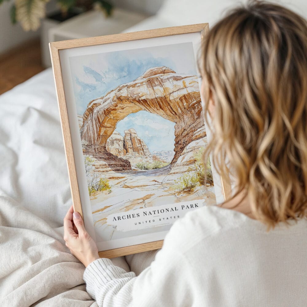 Woman Holding Framed Arches National Park Watercolor Wall Art - Portrait Woman Holding Framed Arches National Park Watercolor Wall Art - Portrait