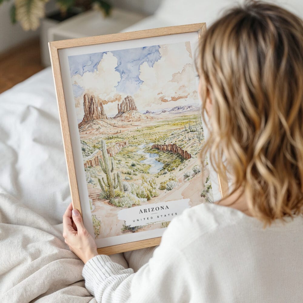 Woman Holding Framed Arizona Watercolor Wall Art - Portrait Woman Holding Framed Arizona Watercolor Wall Art - Portrait