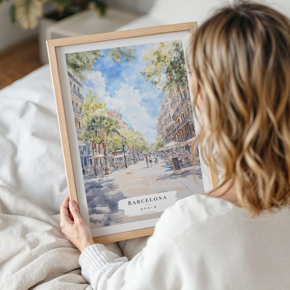 Woman Holding Framed Barcelona Watercolor Wall Art - Portrait Woman Holding Framed Barcelona Watercolor Wall Art - Portrait