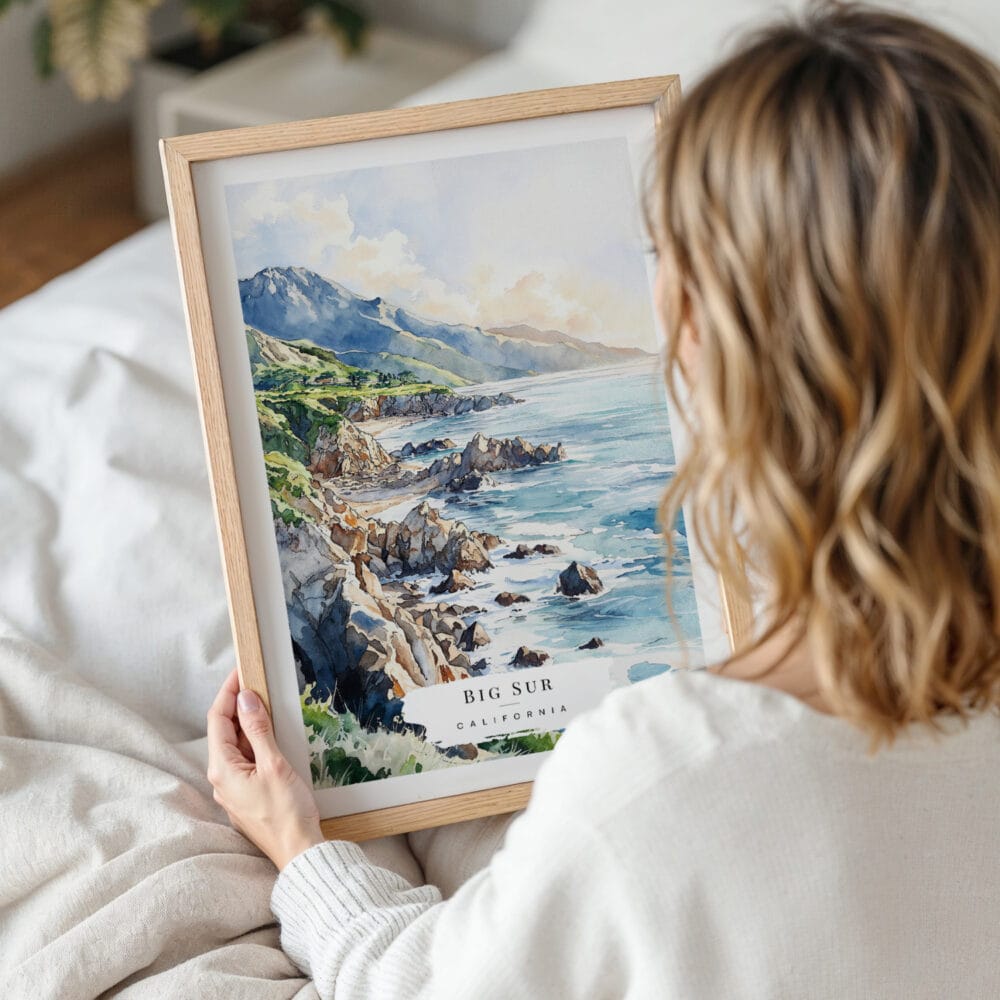 Woman Holding Framed Big Sur Watercolor Wall Art - Portrait Woman Holding Framed Big Sur Watercolor Wall Art - Portrait