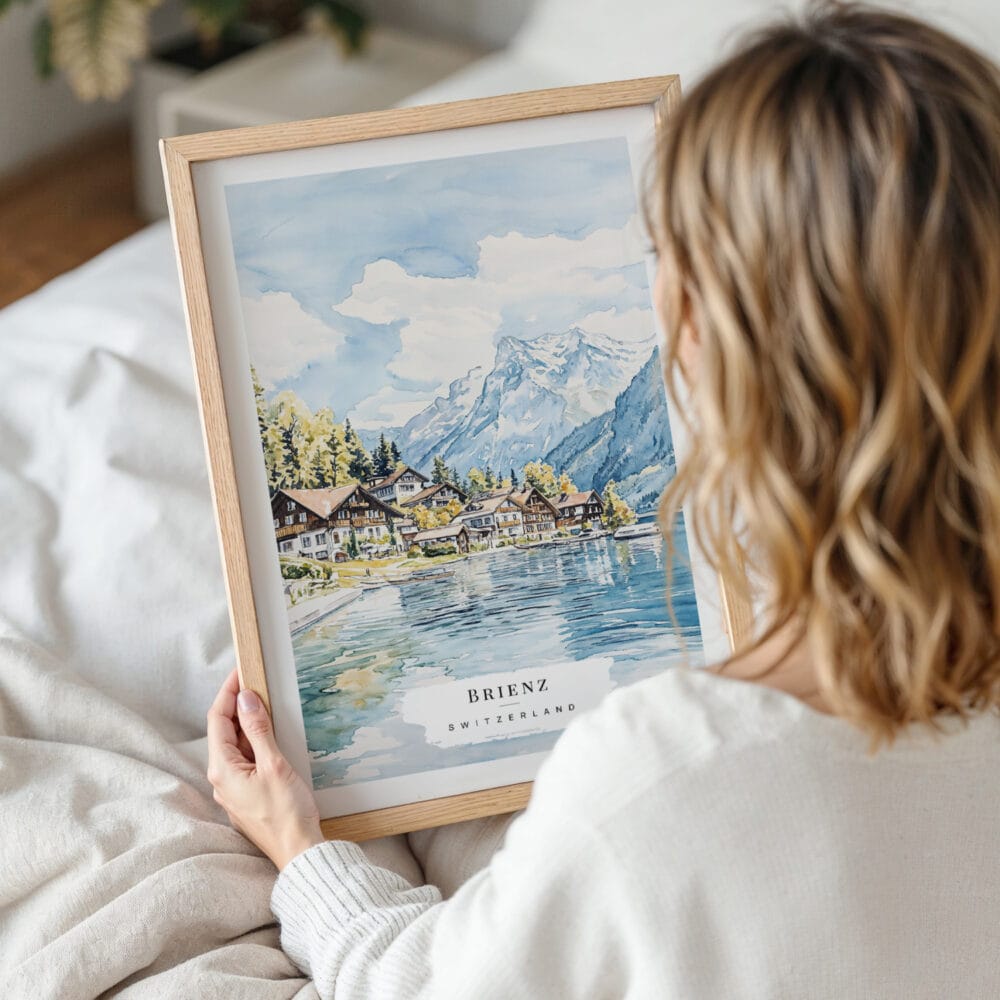 Woman Holding Framed Brienz Watercolor Wall Art - Portrait Woman Holding Framed Brienz Watercolor Wall Art - Portrait