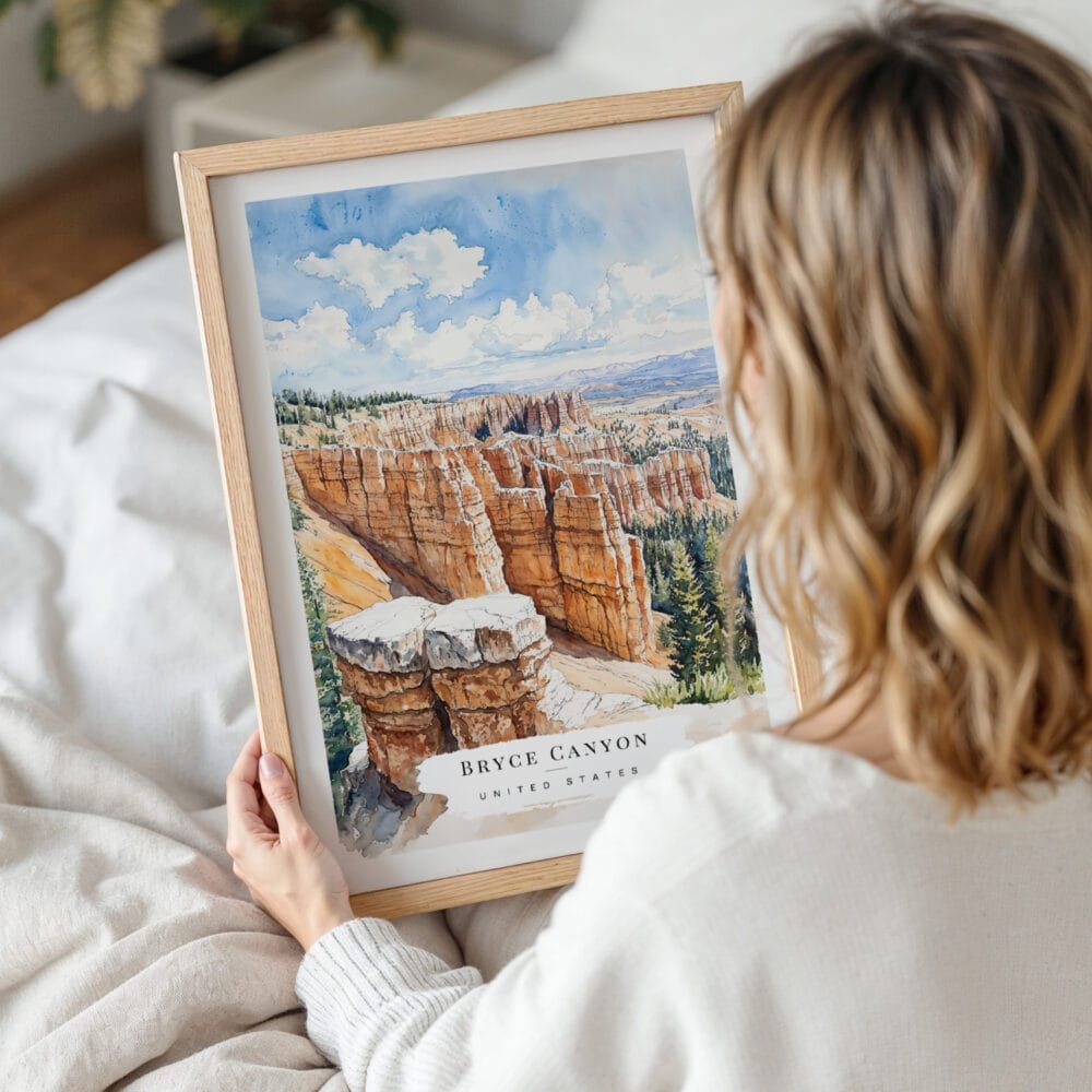 Woman Holding Framed Bryce Canyon Watercolor Wall Art - Portrait Woman Holding Framed Bryce Canyon Watercolor Wall Art - Portrait