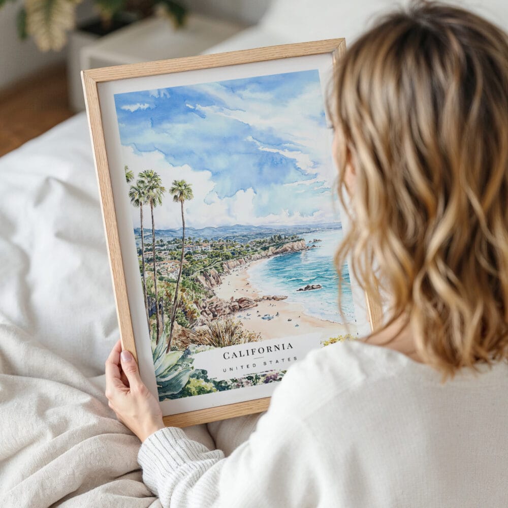 Woman Holding Framed California Laguna Beach Watercolor Wall Art - Portrait Woman Holding Framed California Laguna Beach Watercolor Wall Art - Portrait