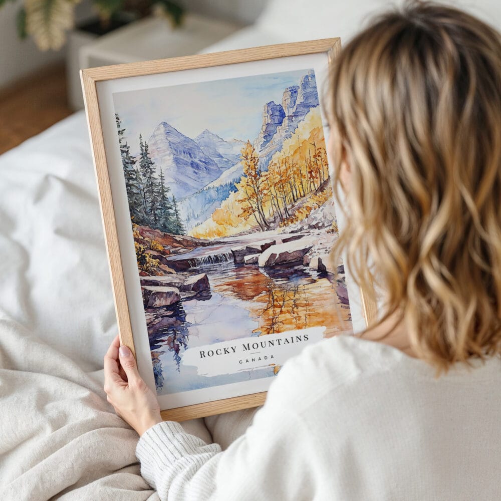 Woman Holding Framed Canadian Rocky Mountains Watercolor Wall Art - Portrait Woman Holding Framed Canadian Rocky Mountains Watercolor Wall Art - Portrait