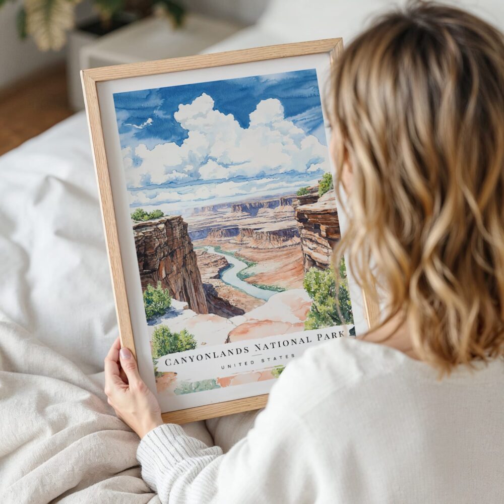 Woman Holding Framed Canyonland Watercolor Wall Art - Portrait Woman Holding Framed Canyonland Watercolor Wall Art - Portrait
