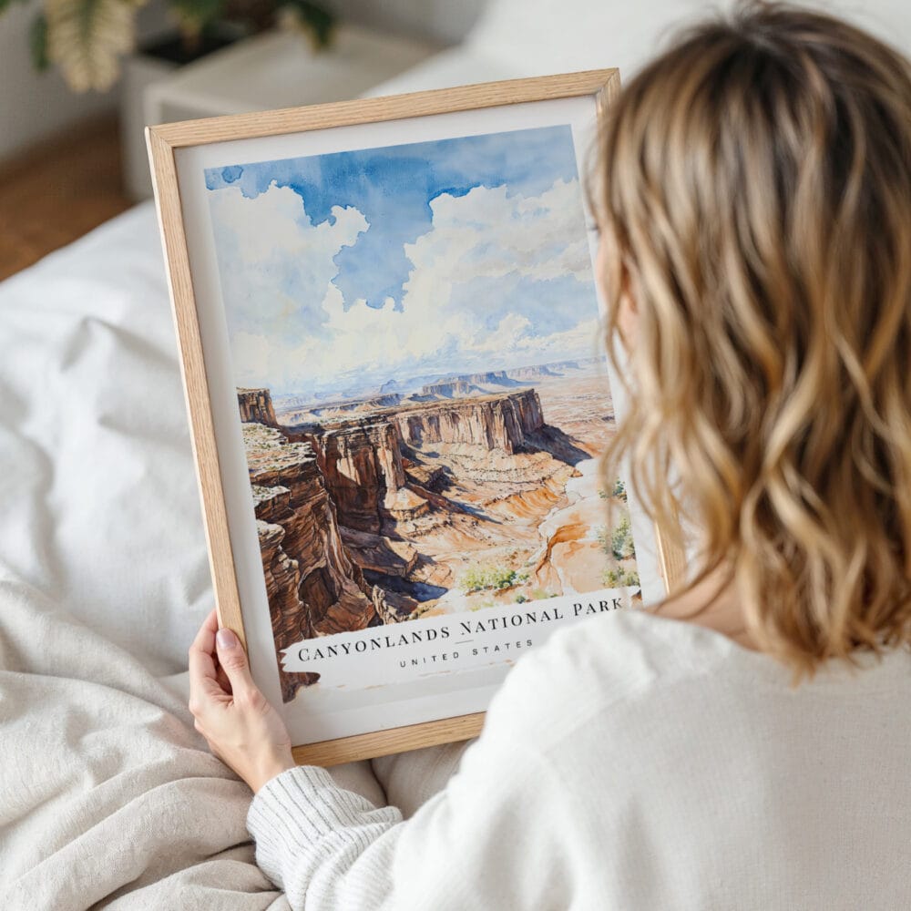 Woman Holding Framed Canyonlands National Park Watercolor Wall Art - Portrait Woman Holding Framed Canyonlands National Park Watercolor Wall Art - Portrait