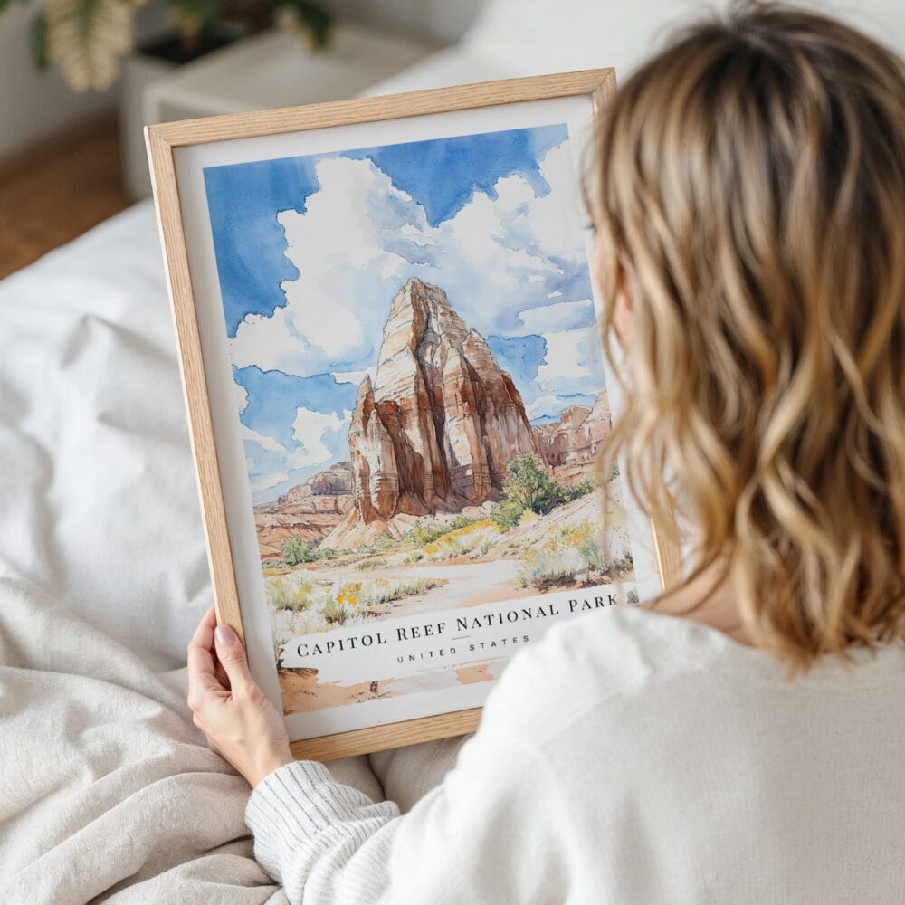 Woman Holding Framed Capitol Reef National Park Watercolor Wall Art - Portrait Woman Holding Framed Capitol Reef National Park Watercolor Wall Art - Portrait
