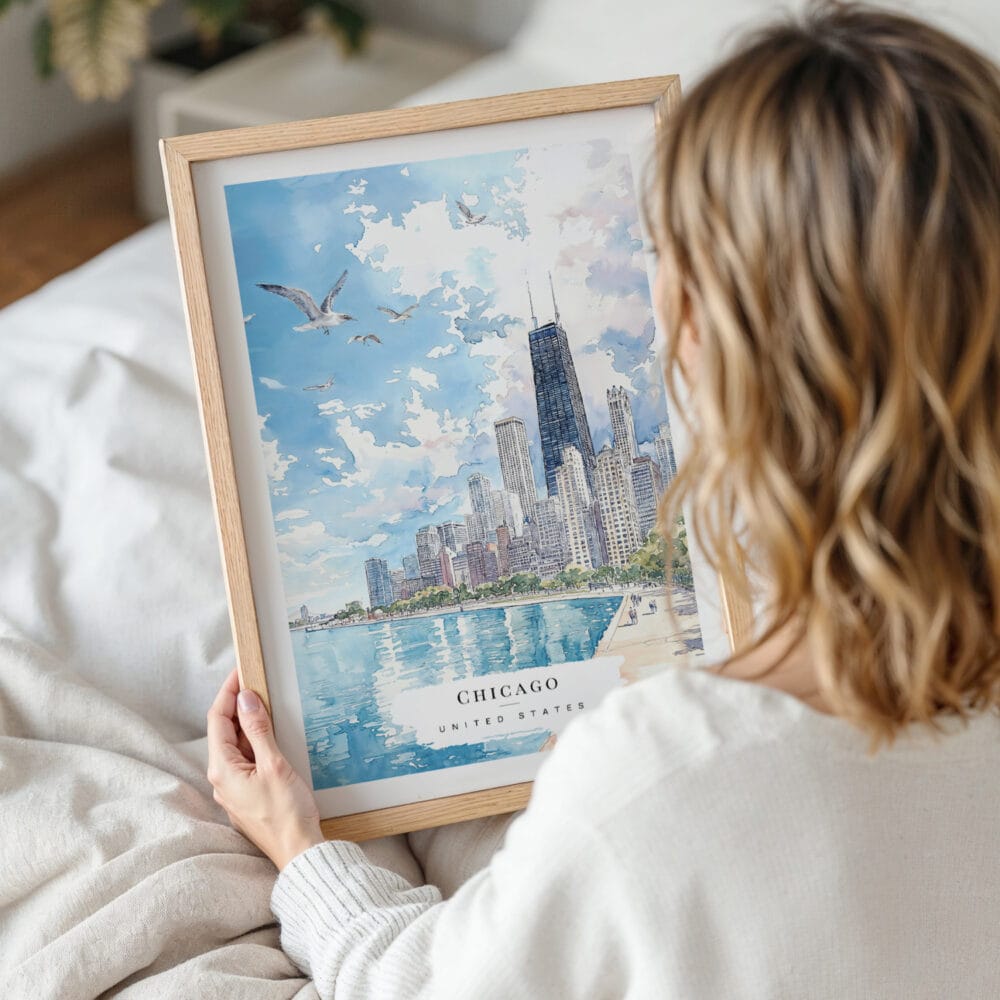 Woman Holding Framed Chicago Skyline Watercolor Wall Art - Portrait Woman Holding Framed Chicago Skyline Watercolor Wall Art - Portrait