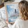 Woman Holding Framed Chicago Skyline Watercolor Wall Art - Portrait