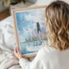Woman Holding Framed Chicago Skyline Watercolor Wall Art - Portrait