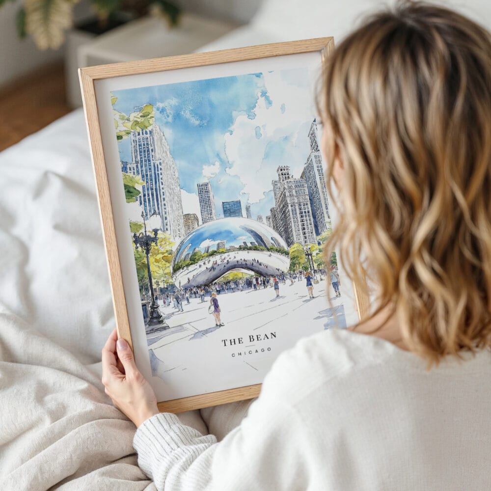 Woman Holding Framed Chicago The Bean Cloud Gate Watercolor Wall Art - Portrait Woman Holding Framed Chicago The Bean Cloud Gate Watercolor Wall Art - Portrait