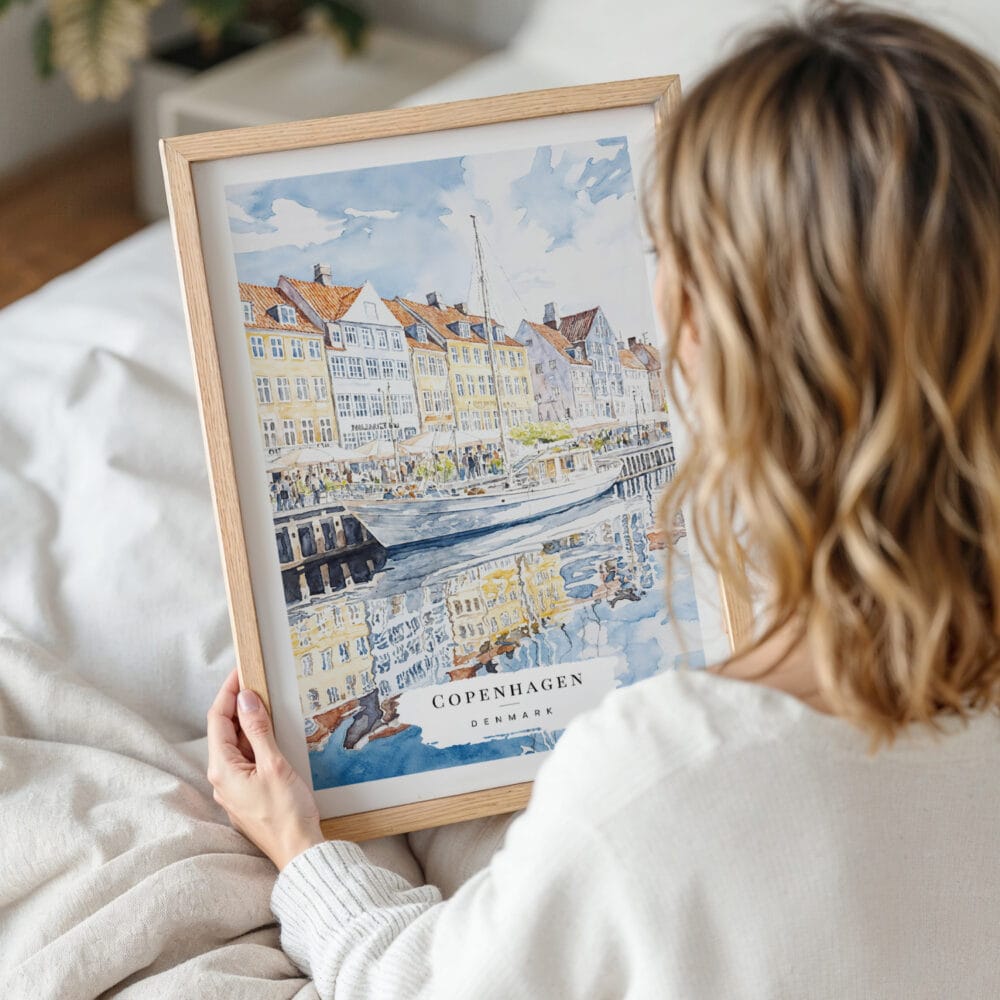 Woman Holding Framed Copenhagen Denmark Watercolor Wall Art - Portrait Woman Holding Framed Copenhagen Denmark Watercolor Wall Art - Portrait