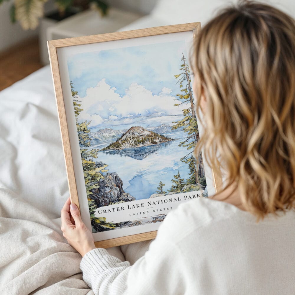 Woman Holding Framed Crater Lake National Park Watercolor Wall Art - Portrait Woman Holding Framed Crater Lake National Park Watercolor Wall Art - Portrait