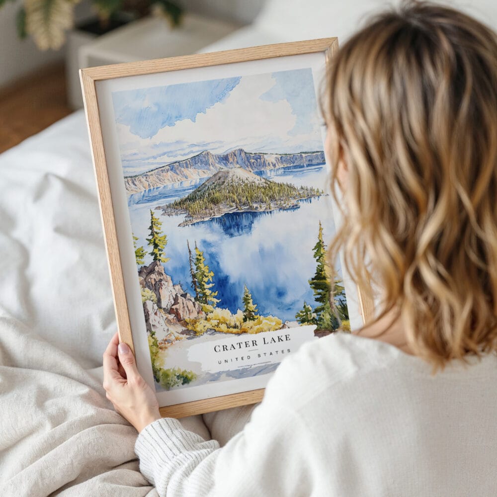 Woman Holding Framed Crater Lake Watercolor Wall Art - Portrait Woman Holding Framed Crater Lake Watercolor Wall Art - Portrait
