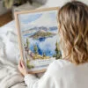 Woman Holding Framed Crater Lake Watercolor Wall Art - Portrait