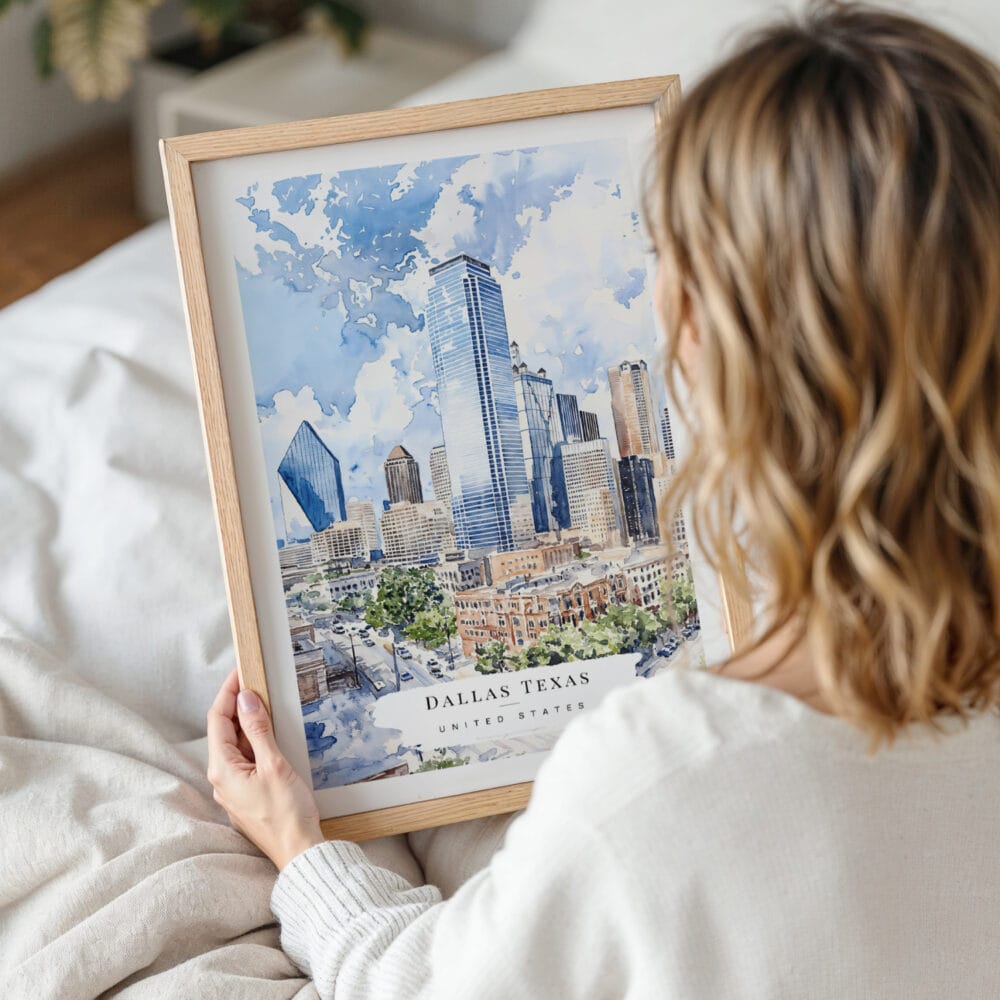 Woman Holding Framed Dallas Texas Watercolor Wall Art - Portrait Woman Holding Framed Dallas Texas Watercolor Wall Art - Portrait