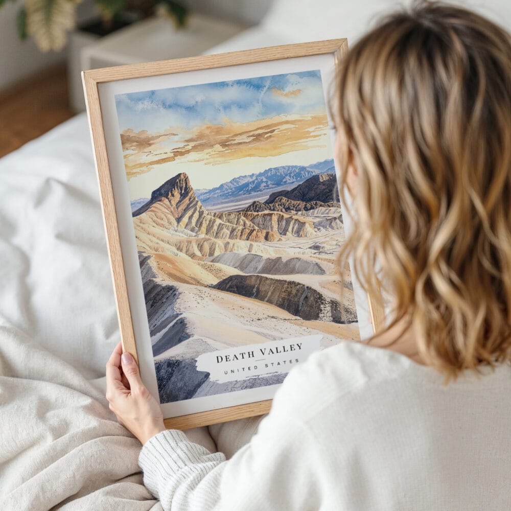 Woman Holding Framed Death Valley National Park Watercolor Wall Art - Portrait Woman Holding Framed Death Valley National Park Watercolor Wall Art - Portrait