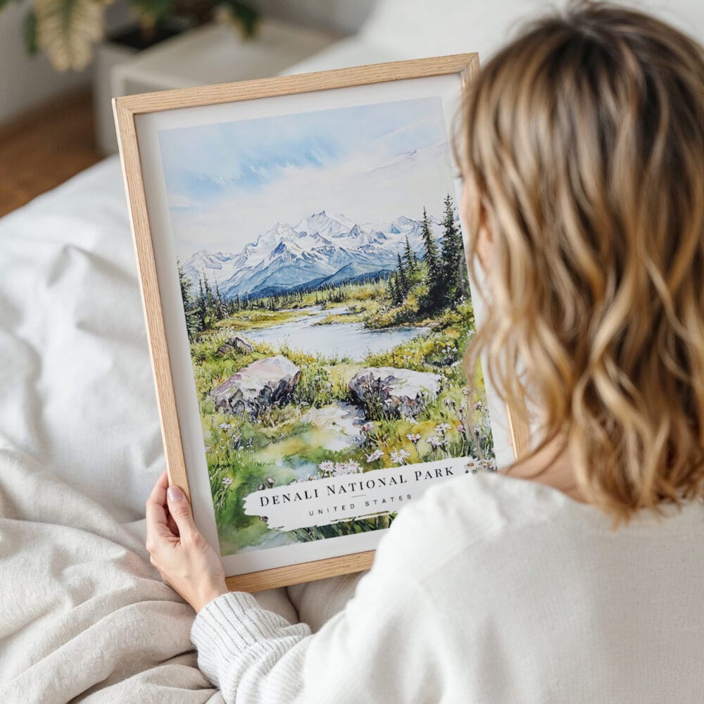 Woman Holding Framed Denali National Park Watercolor Wall Art - Portrait Woman Holding Framed Denali National Park Watercolor Wall Art - Portrait